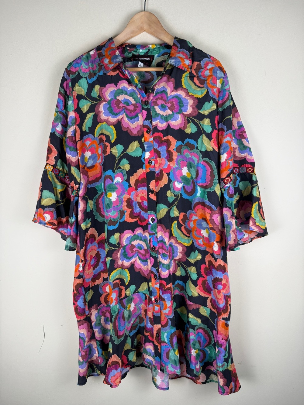 Johnny Was Workshop Calanthe Colorful Floral Flounce Dress Size LG 100% Silk